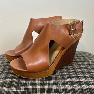 Michael‎ Kors Women Tan Leather Wedge Sandals Open Toe Buckle Size 6M